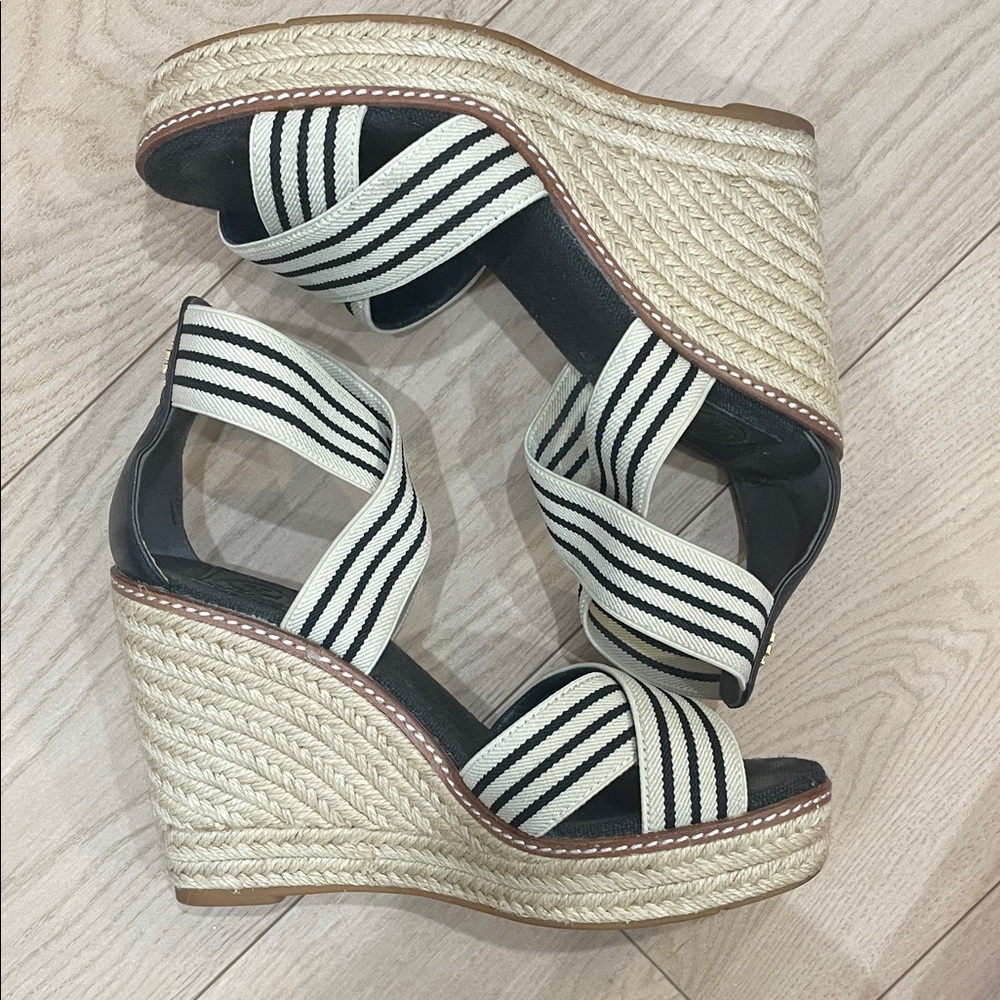 Tory Burch Frieda 100 MM Espadrille 
Black and Cream Striped Wedges - Picture 4 of 5